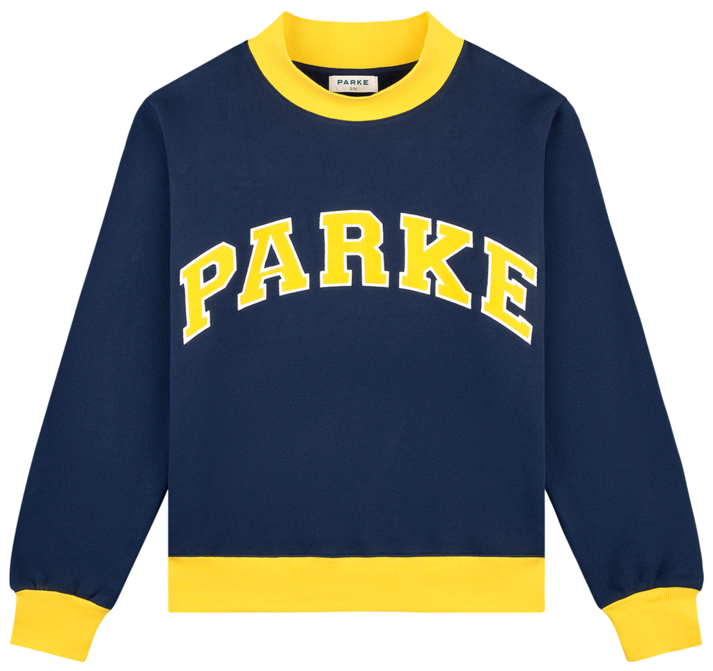 two tone varsity mockneck -denim + maize