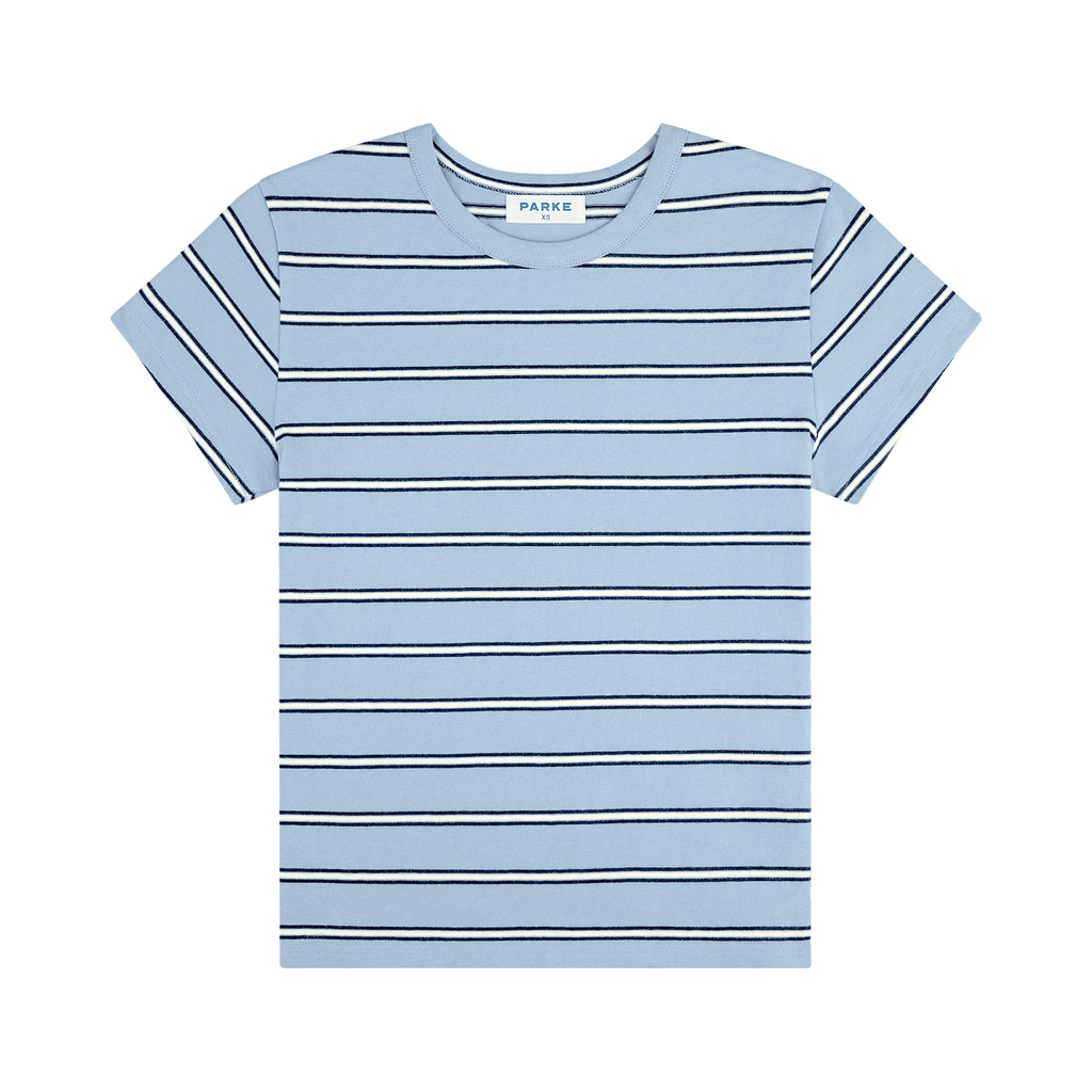 striped tee flat lay -sky stripe