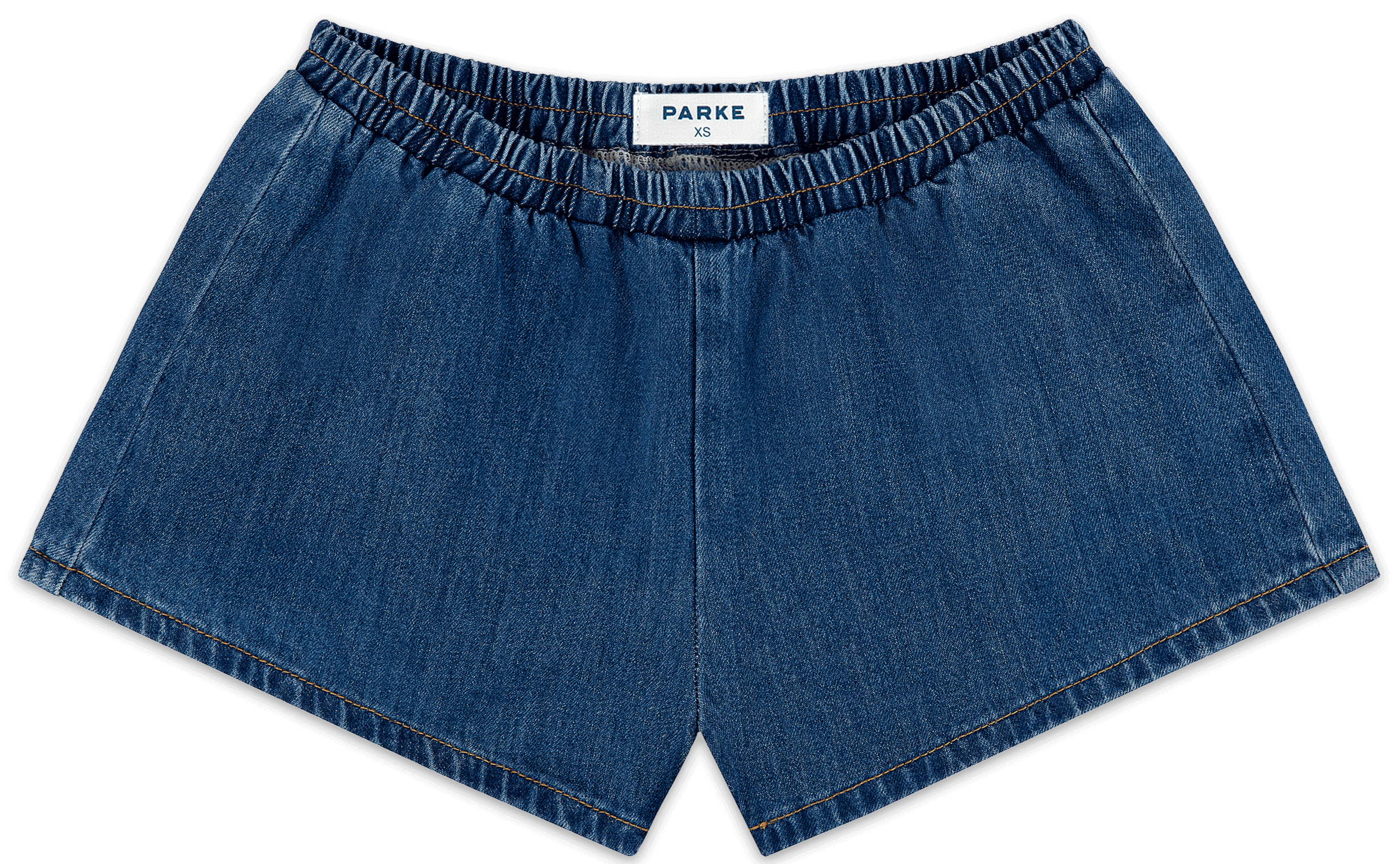 elastic denim short flat lay -medium wash